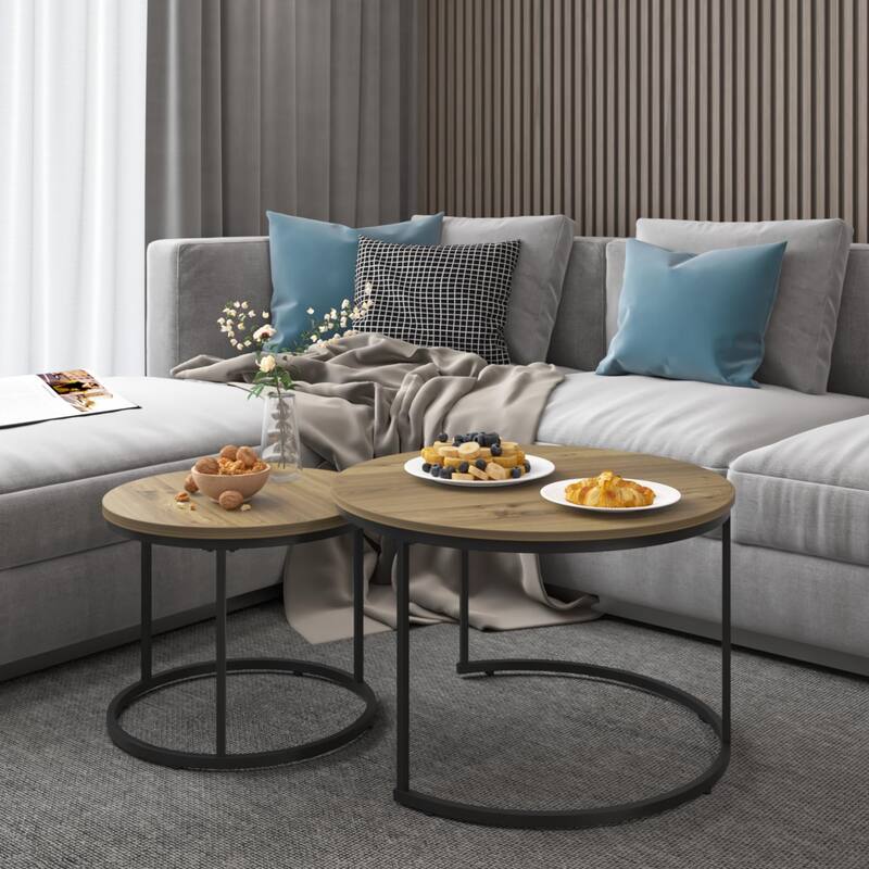 Modern Nesting Coffee Table Round Coffee Table Side Table, 2-Piece Set with Base, for Living Room, Brown