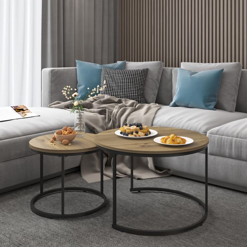 Nesting Coffee Table Round Coffee Table Tea Table Side Table with Metal Frame, for Living Room Bedroom Balcony Garden