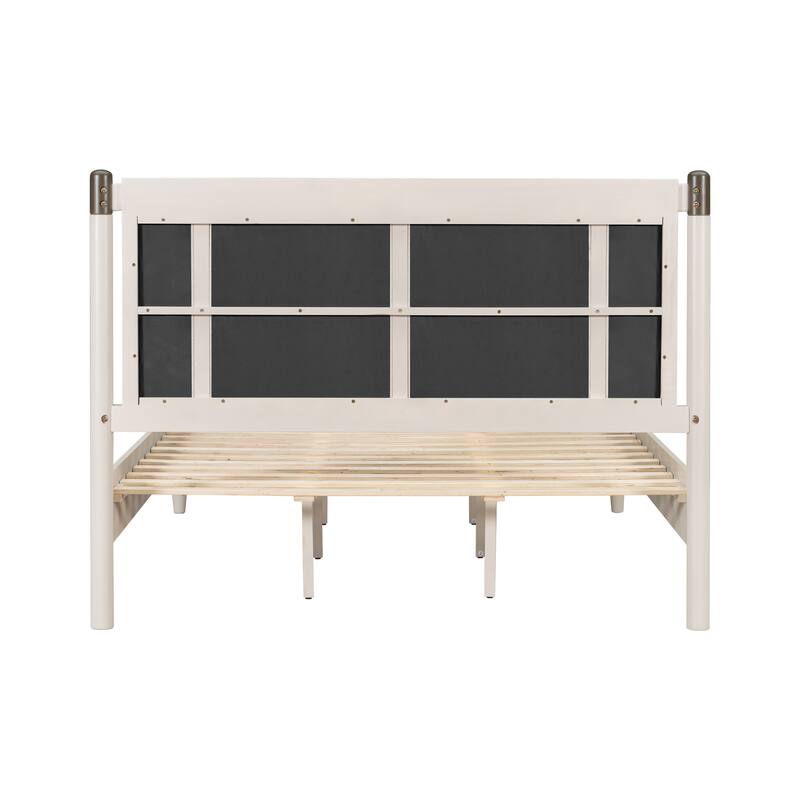 Modern Solid Wood Bed Frame Platform Bed with Central Textured Fabric Upholstered Headboard/Metal Handles/No Box Spring Needed