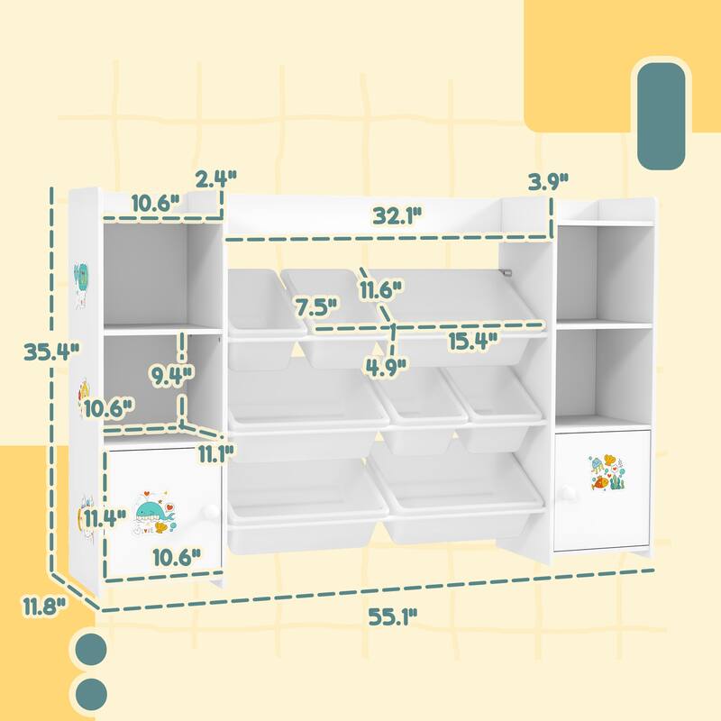 White Children’s Storage Organizer with Shelves and Toy Bins Cupboard and Round Corner for Kids - 55.1" L x 11.8" W x 35.4" H