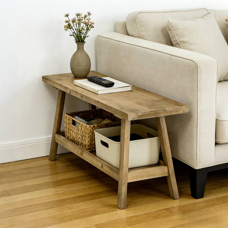 43" Farmhouse Wood Bench, 2-Tier Entryway Bench, Narrow Rustic Storage Bench with Open Storage Shelf for Entryway, Hallway