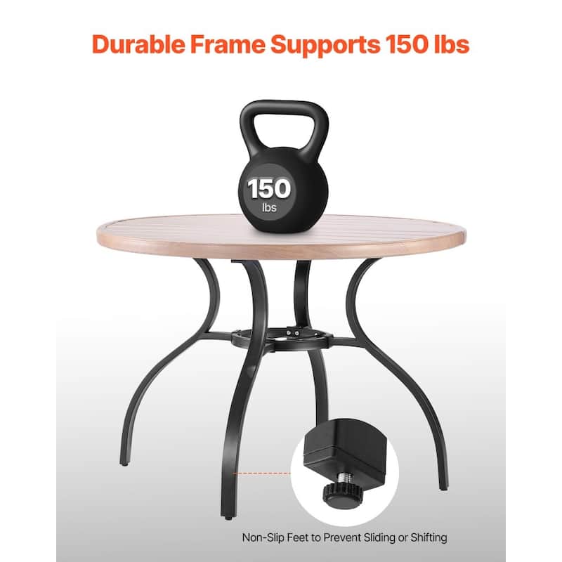 Outdoor Patio Dining Table Gray Wood Grain Carbon Steel Weather Resistant Backyard Bistro Table with Umbrella Hole - 41x28 in