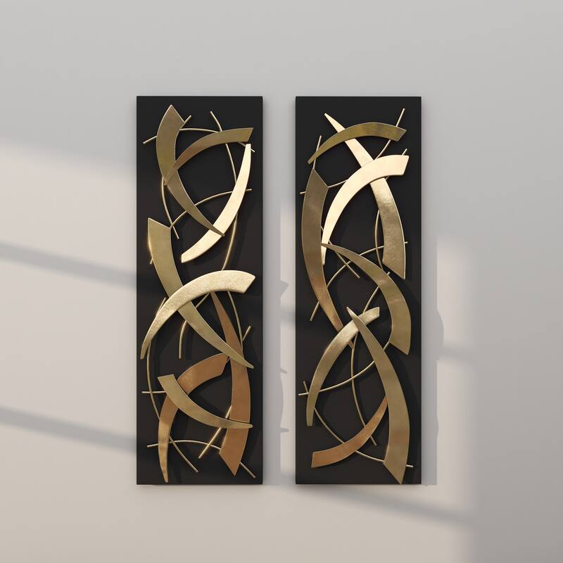 Gold Metal Dimensional Abstract Wall Decor with Black or White Wood Backing (Set of 2)