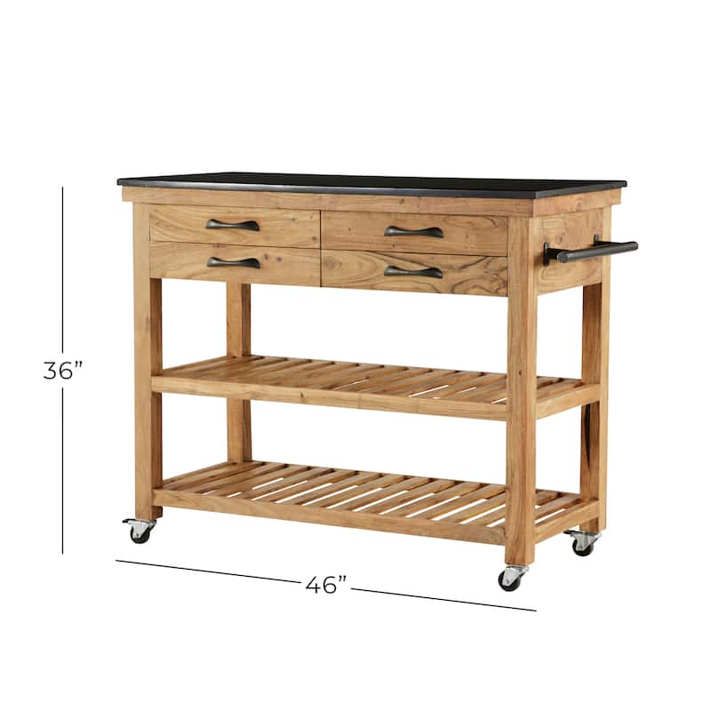 Wood Rolling 4 Drawer and 2 Shelf Kitchen Cart with Black Metal Handles and Marble Top - Brown - Roche River Decor