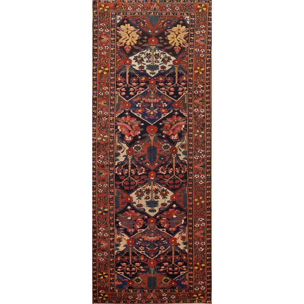 Hand Knotted Oriental 100% Wool Carpet Traditional Floral Navy Blue & Blues Bakhtiari Runner Rug - 10' 2'' X 3' 5''