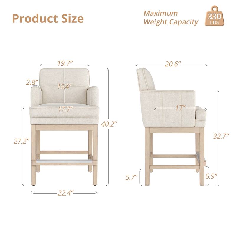 27.2" Modern Upholstered Solid Wood Shelf Counter Height Bar Stool - 22.4" W x 20.6" D x 40.2" H