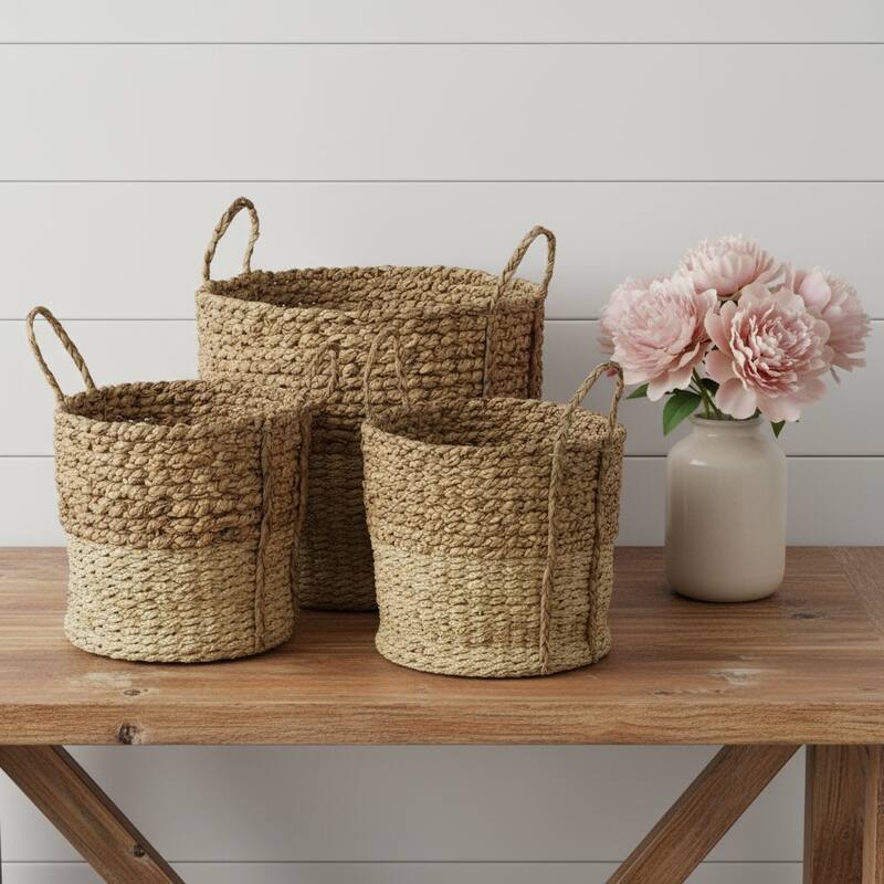 HomeRoots Set of Three Brown Wicker Basket - 15.748" W x 15.748" D x 15.748" H