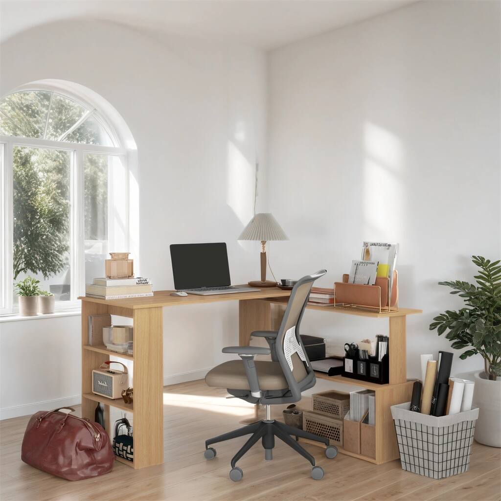 L Shaped Corner Desk, 360 Degree Rotating Home Office Desk w/ Shelves
