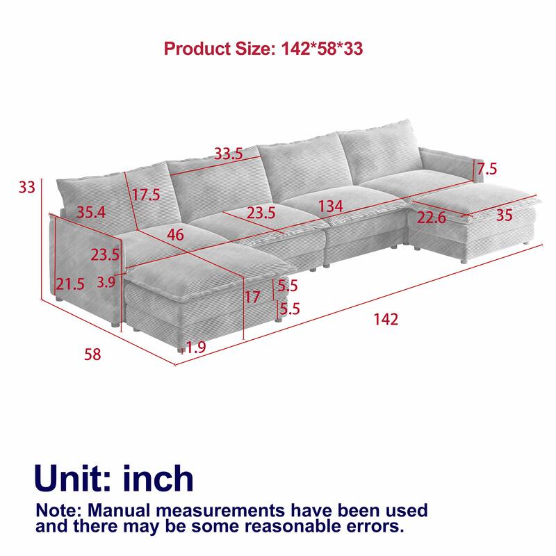 U Shaped Deep Seat Cloud Couch Oversized Corduroy Upholstered Modular Sectional Sofa Couch with 2 Movable Ottomans