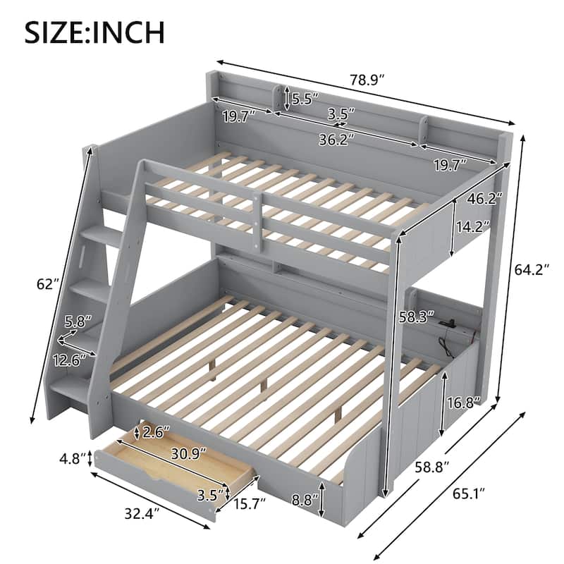 Twin over Full Bunk Bed with Shelves, LED and Charging Station, Storage Kids Bed Frame with Drawer and Ladder