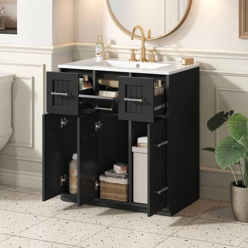 30" Freestanding Bathroom Cabinet with Integrated White Ceramic Sink - 30'' x 18.4'' x 33.8''