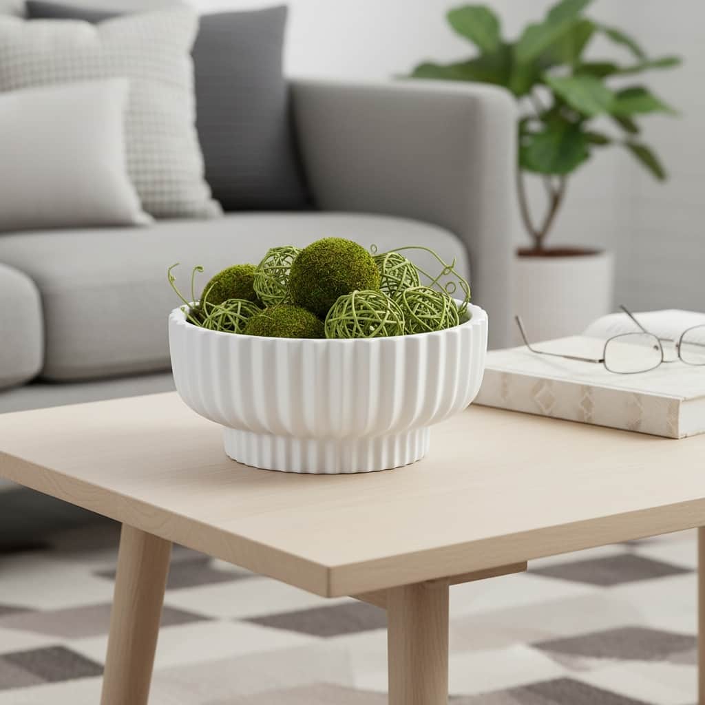 Decorative Ribbed Ceramic Bowl with Matte Finish - 12", White - 12.0"