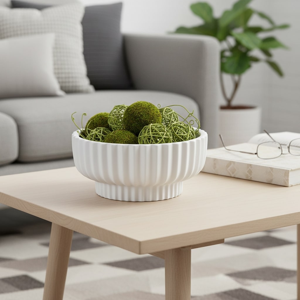 Decorative Ribbed Ceramic Bowl with Matte Finish - 12", White - 12.0"