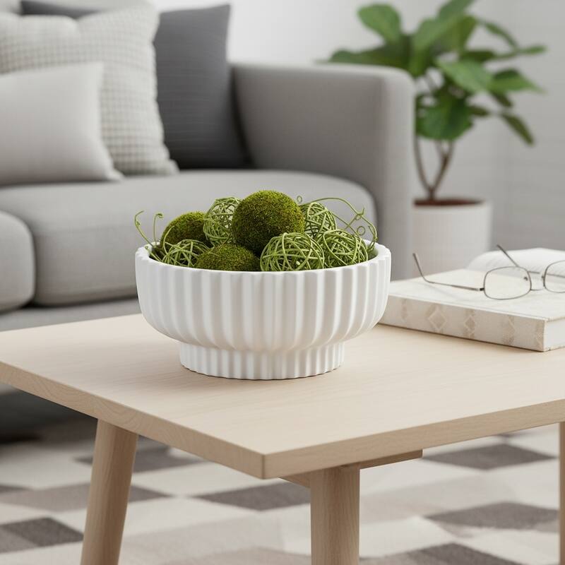 Decorative Ribbed Ceramic Bowl with Matte Finish - 12", White - 12.0"