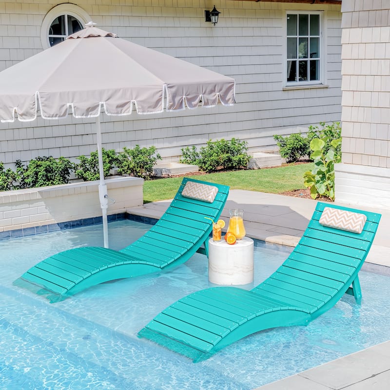 Folding HDPS Plastic Outdoor Pool Chaise Lounges Lounge Chair Outdoor with Headrest Cushions - Aruba Blue/2 Set