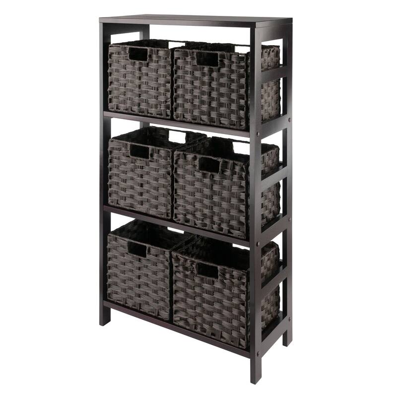 7 Pc Storage Shelf 6 Foldable Woven Baskets 42" Espresso Chocolate