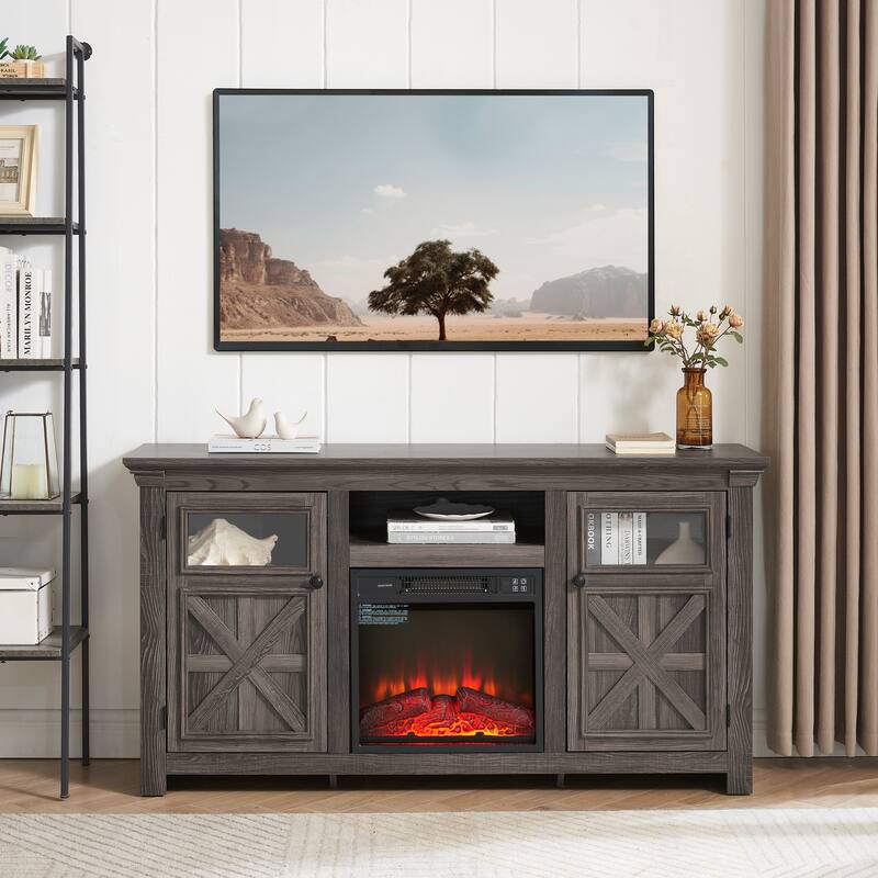 Farmhouse TV Stand, Media Stand With Fireplace Insert, Barn Design, and Adjustable Shelves, for Living Rooms and Bedrooms, Grey