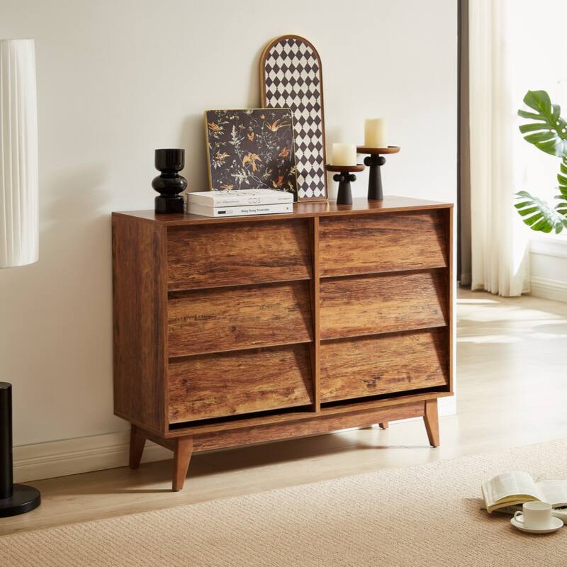 6 Drawer Double Dresser Features Vintage-style and Bevel Design - Brown