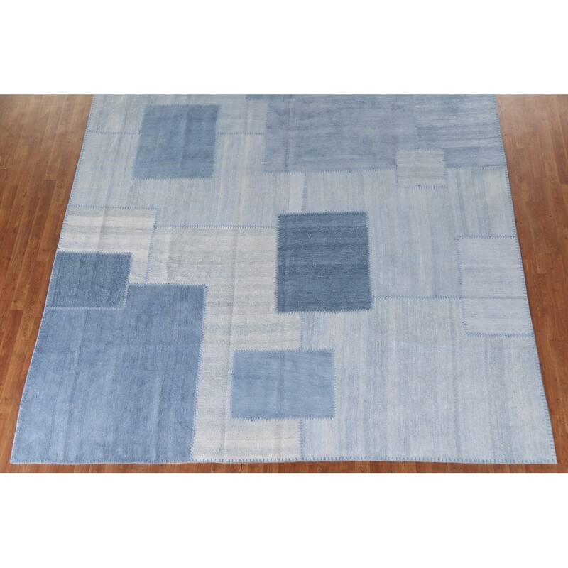 Geometric Blue Kilim Turkish Area Rug Hand-Woven Silk Carpet - 9'10"x 13'1"