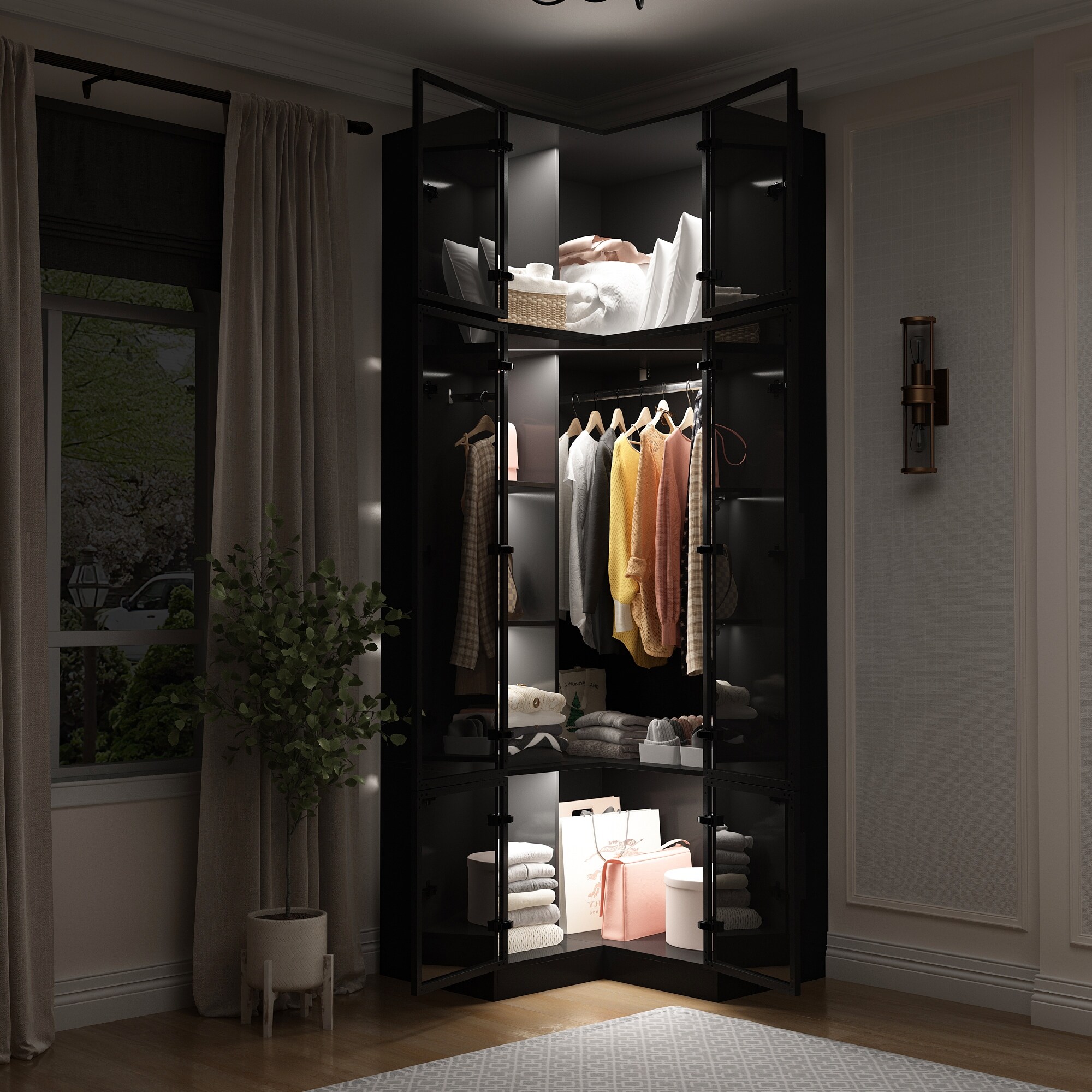 無料クーポン配布 アプリ Glass Wardrobe Corner Aluminum Doors LED Tri-Color & 置物