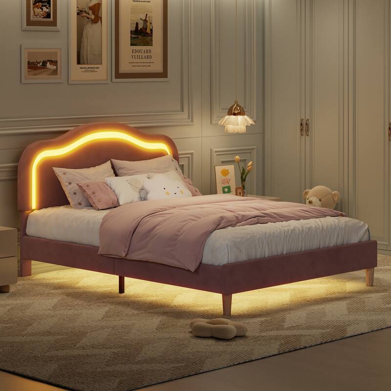Modern Queen Size Smart LED Bed Frame with Adjustable Height Headboard, Metal Frame and Wooden Support, No Box Spring Needed
