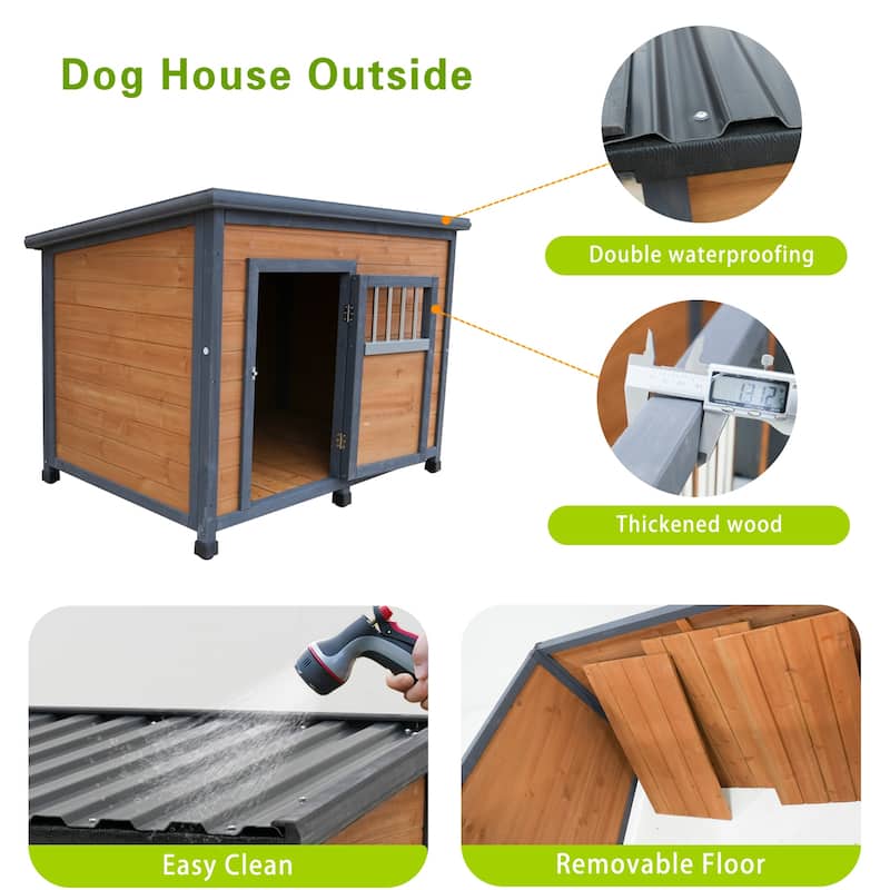 45"Large Solid Wood Dog House, Waterproof PVC Plastic Roof, Breathable Wooden Doors