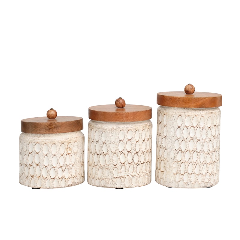 Paper Mache Geometric Handmade Carved Spotted Canisters with Brown Removable Lids - Set of 3 Cream - Roche River Decor