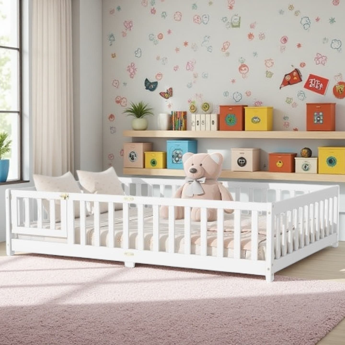 Full Size Floor Bed with Safety Fence and Revolving Door, Rubber Wood Frame, Sturdy Platform