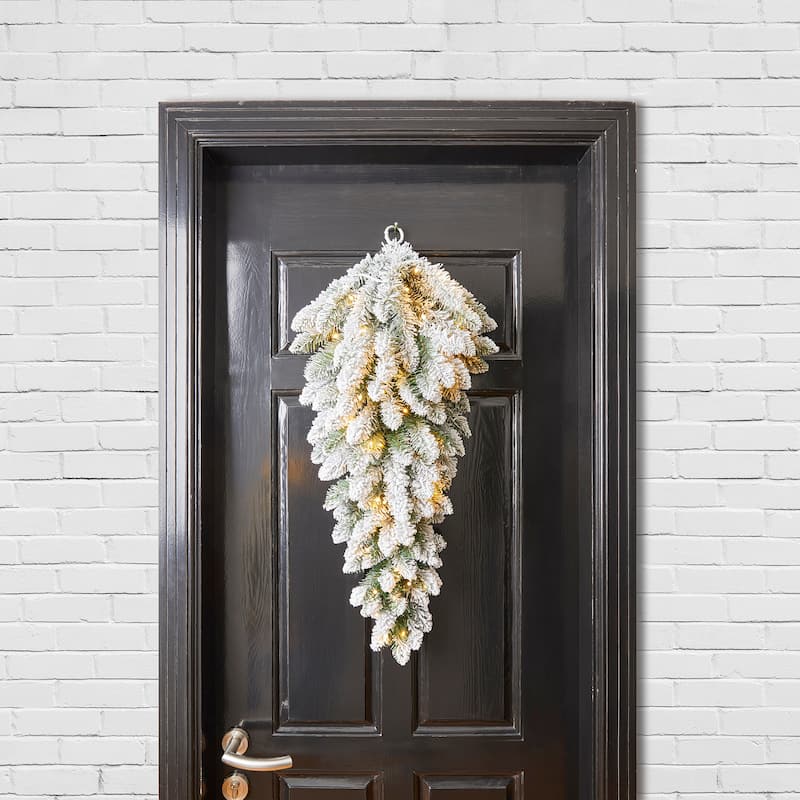 Glitzhome 3ft Pre-Lit Flocked White Poinsettia and Berries Christmas Teardrop