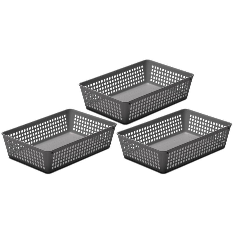 3-Pack Plastic Storage Baskets for Office Drawer, Classroom Desk - Grey