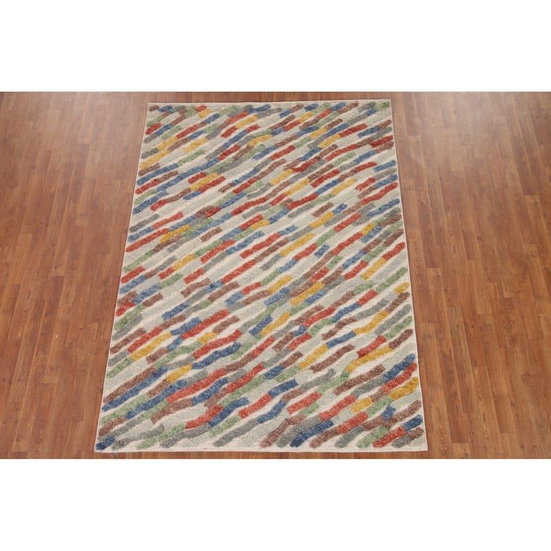 Hand Knotted Oriental 100% Wool Carpet Modern Stripe Multi-Colored Abstract Area Rug - 7' 9'' X 5' 8''