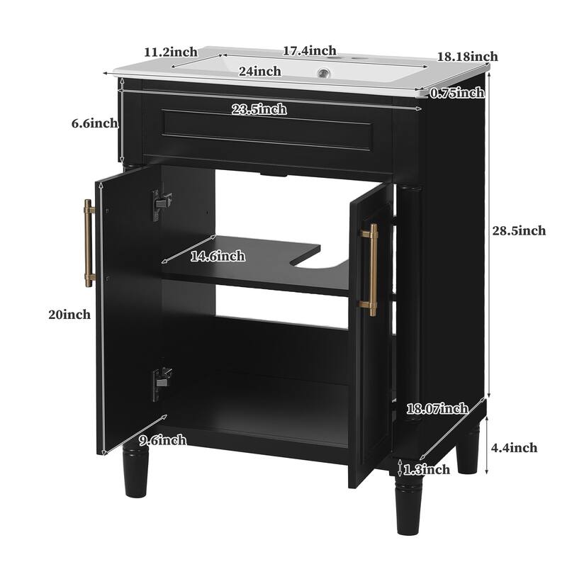 24" Bathroom Vanity with Integrated Ceramic Sink, 2 Doors, Adjustable Shelf and Storage Cabinet