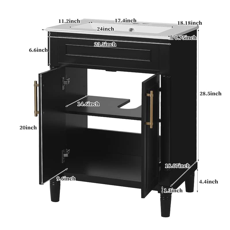Roomfitters 24" Bathroom Vanity with Sink, Freestanding Single Sink Cabinet with Ceramic Basin and Double Door Storage, Black