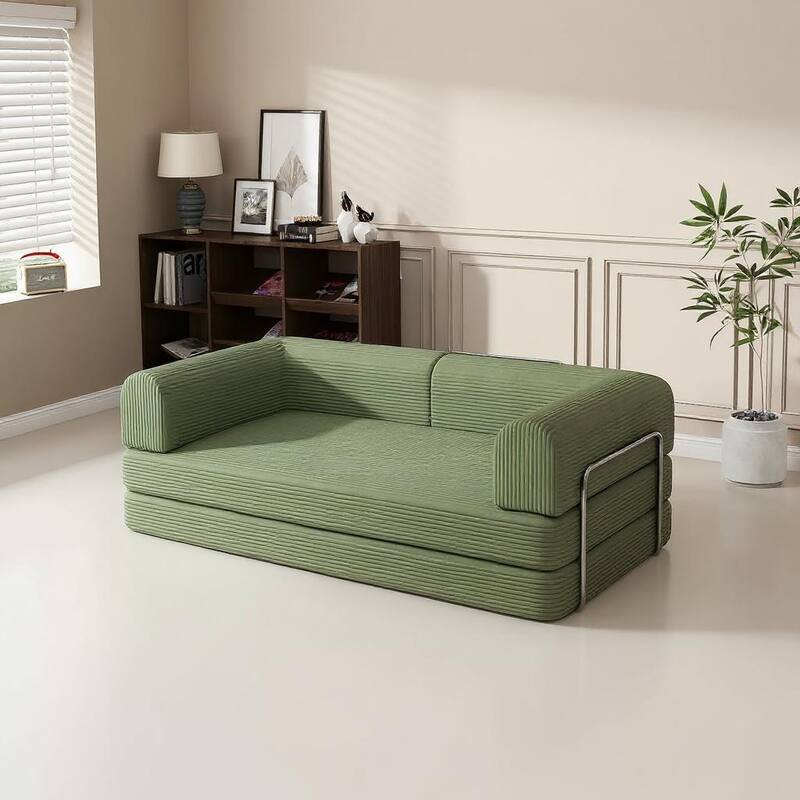 Convertible Corduroy Sleeper Sofa Bed, with Fixed-Shape Frame - Dark Green