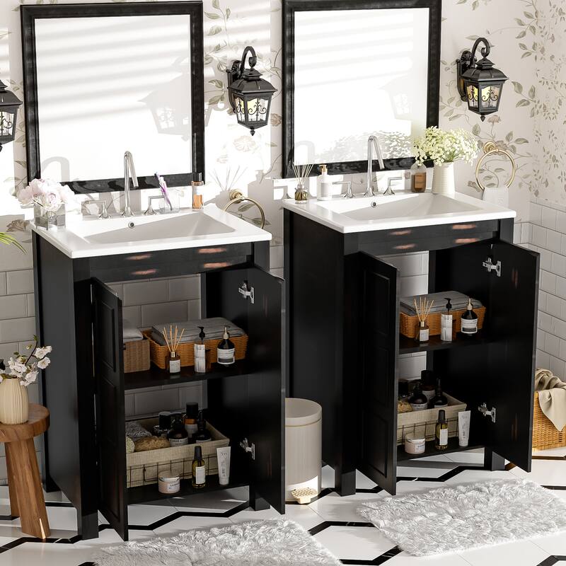 48" Classic Double Vanity Bathroom Set – Features Separate Vanities, Dual Ceramic Sinks, Storage Shelf, and Soft-Close Doors‌