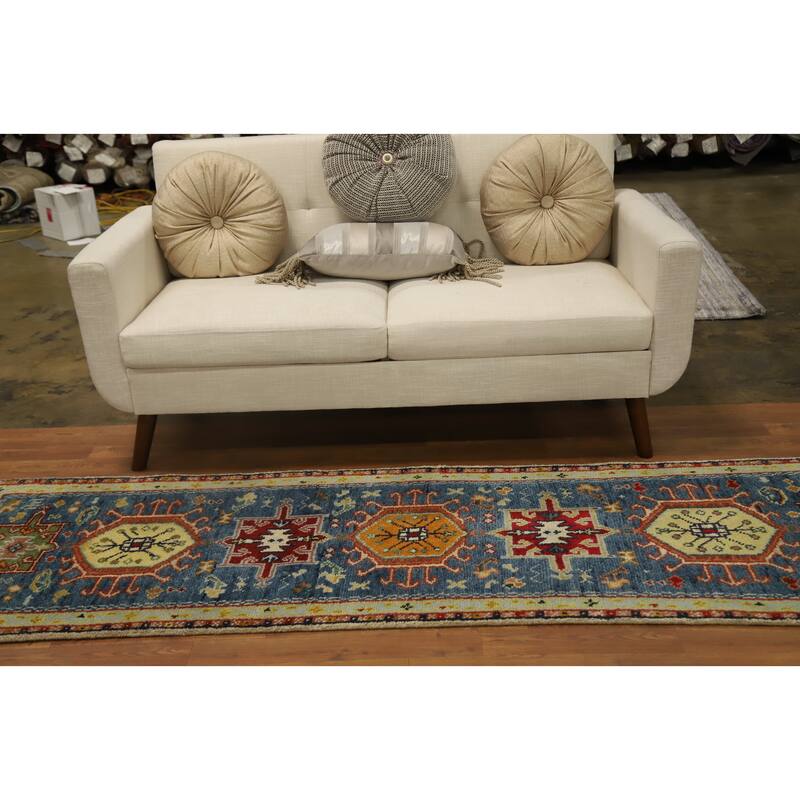 Hand Knotted Oriental 100% Wool Carpet Traditional Geometric Navy Blue & Blues Kazak Runner Rug - 8' 3'' X 2' 6''
