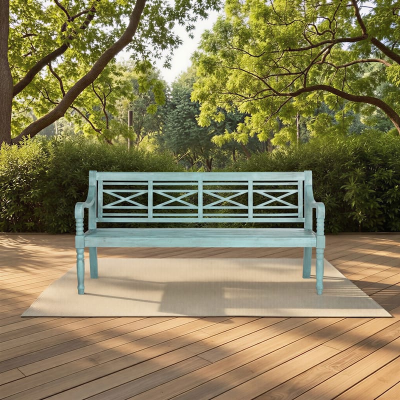 SAFAVIEH Outdoor Ruwaydah Acacia Wood Bench - 70Wx24Dx34H - Beach House Blu