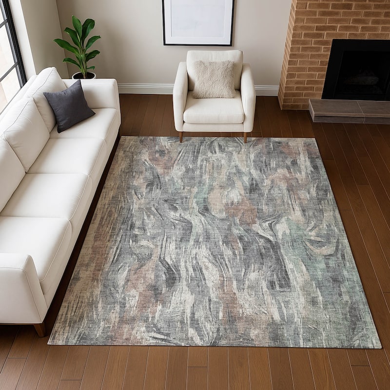 Machine Washable Indoor/ Outdoor Brushstrokes Modern Chantille Rug