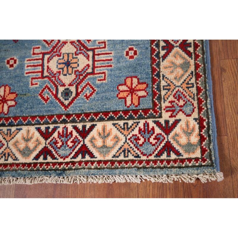 Hand Knotted Oriental 100% Wool Carpet Traditional Geometric Navy Blue & Blues Kazak Area Rug - 3' 0'' X 1' 11''