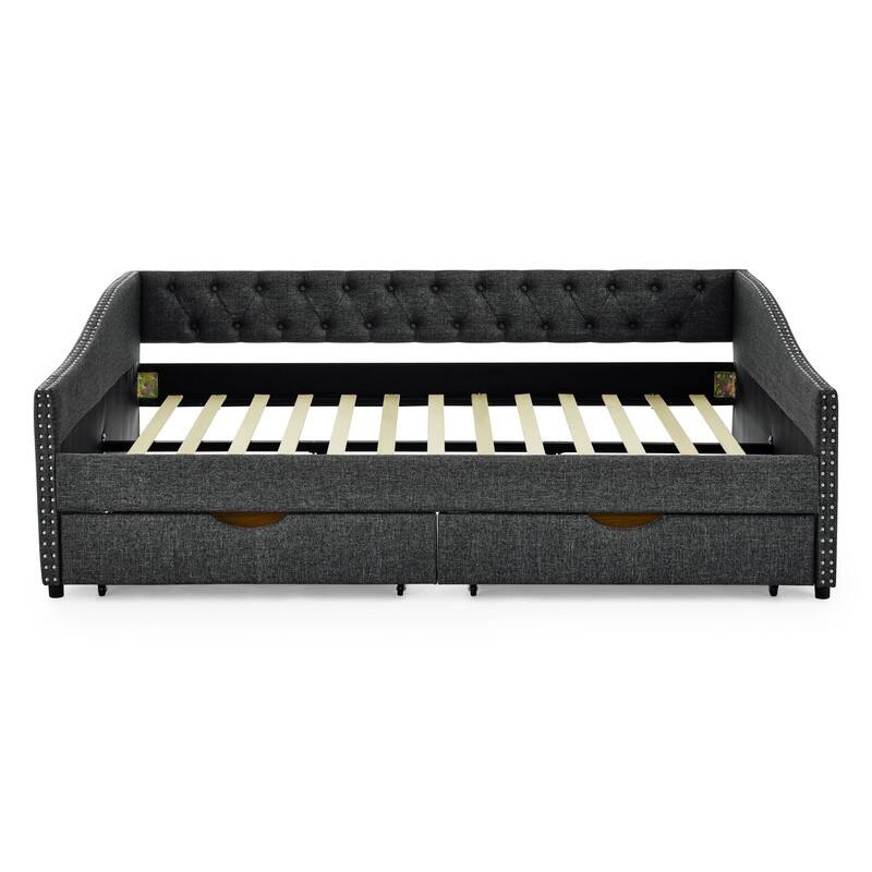 Queen Daybed with Drawers,Linen Upholstered Bed with Button on Back and Copper Nail