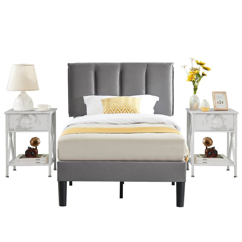 VECELO 3-Pieces Bedroom Sets Upholstered Bed Frame and Nightstands Set of 2 Dark Grey Platform Bed Frame