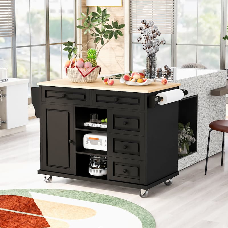 Kitchen Cart with Storage and 5 Drawers,Spice Rack,Towel Holder ,Rubber Wood Desktop Rolling Mobile Kitchen Island