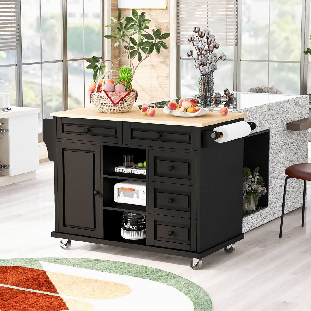 Multifunctional 53'' Rolling Kitchen Island With Shelves and Drawers,Black - Kitchen Cart