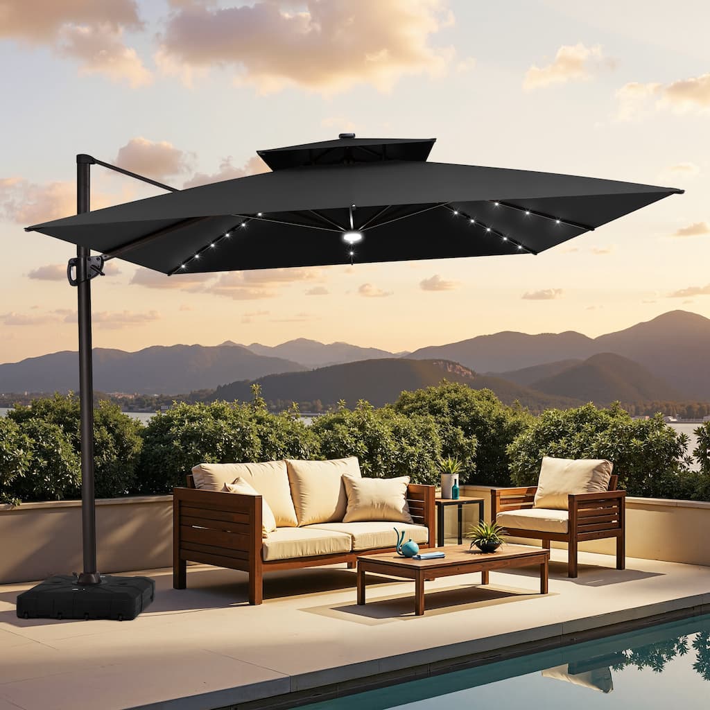 11 FT Solar-Powered LED Patio Cantilever Umbrella with Double Canopy and Base