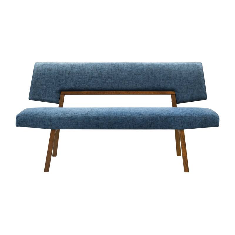 Yumi 63 Inch Dining Bench, Seat and Back with Blue Fabric, Walnut