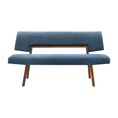 Yumi 63 Inch Dining Bench, Seat and Back with Blue Fabric, Walnut