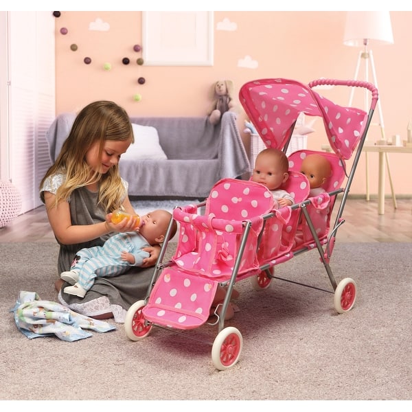 slide 2 of 6, Badger Basket Folding Triple Doll Stroller - Pink/Polka Dots