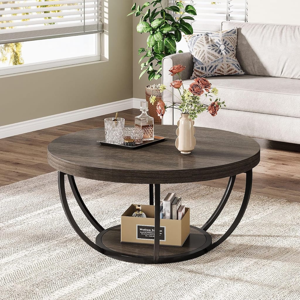 Round Coffee Table, 31.7" Grey Wooden 2-Tier Circle Coffee Table