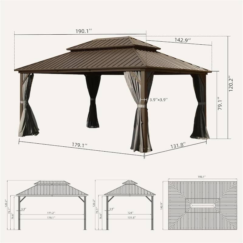 Aluminum Metal Hardtop Gazebo with Galvanized Steel Double Roof Canopy, Curtain and Netting