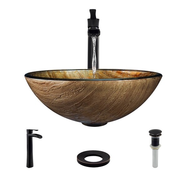 Rene R5-5030-R9-7007 16-1/2" Glass Vessel Bathroom Sink with Vessel Faucet, Sink Ring, and Vessel Pop-Up Drain
